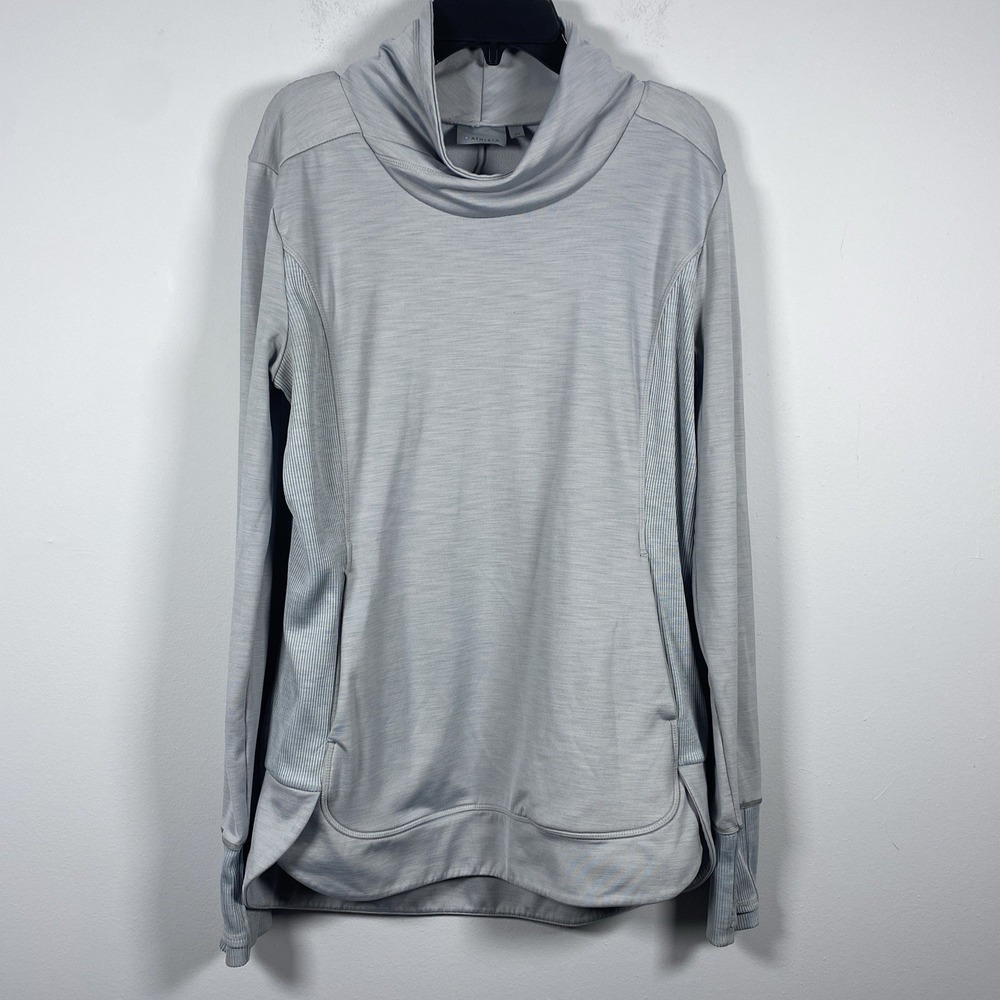 Athleta Pullover Womens XS Gray Stowe Funnel Neck Thumbhole Pocket Ribbed Active
